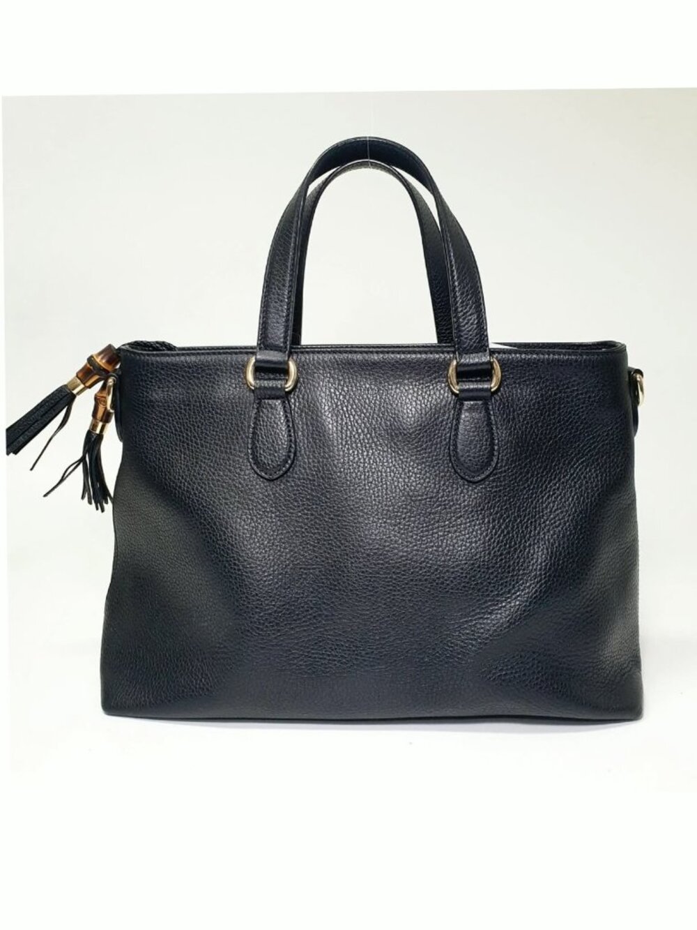 Authentic Gucci Black Leather Tote Bag Bamboo Tassel Crossbody Satchel Gold Hard - Picture 2 of 12